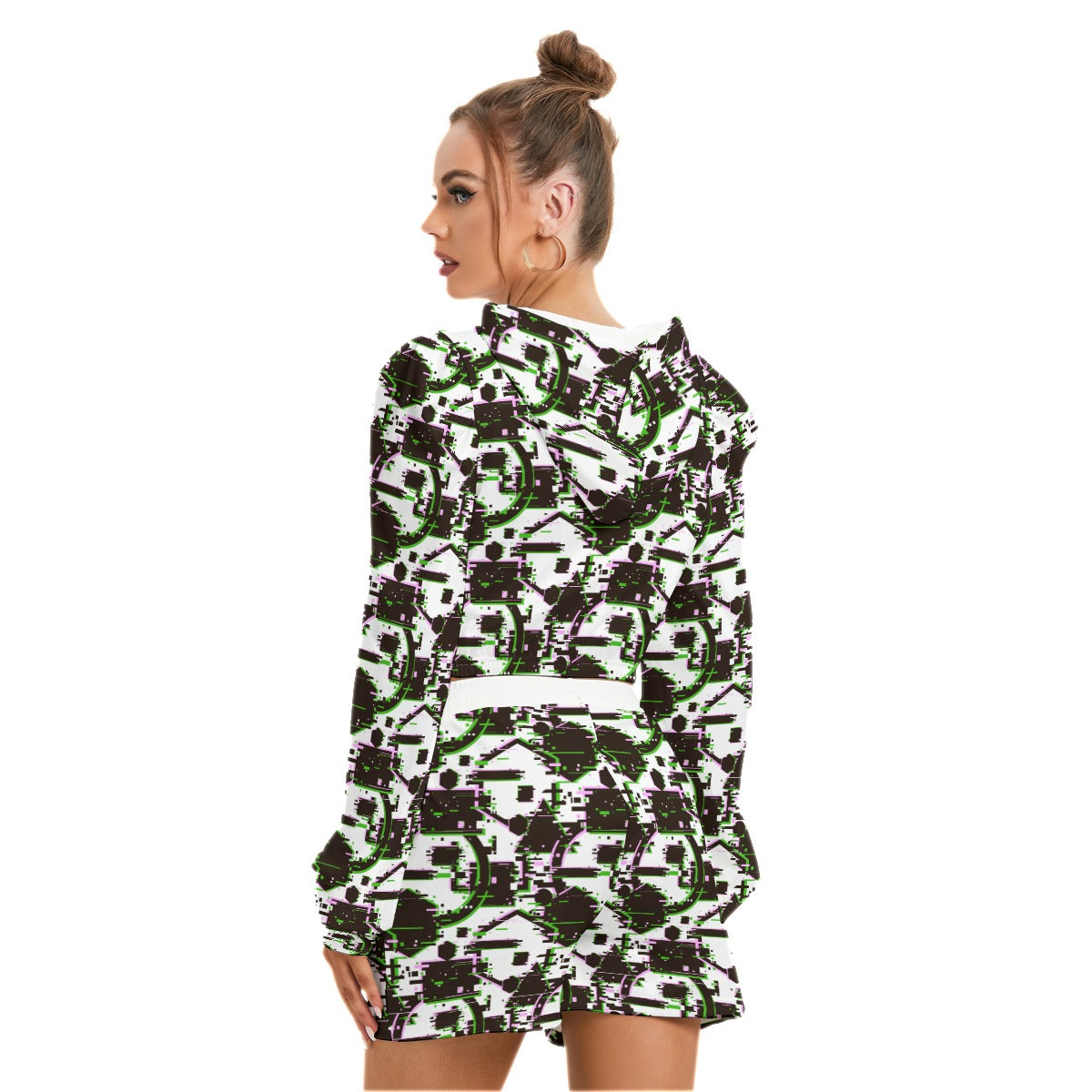 Glitchy Abstract Pattern Women's Mirco Fleece Hoodie And Shorts Set