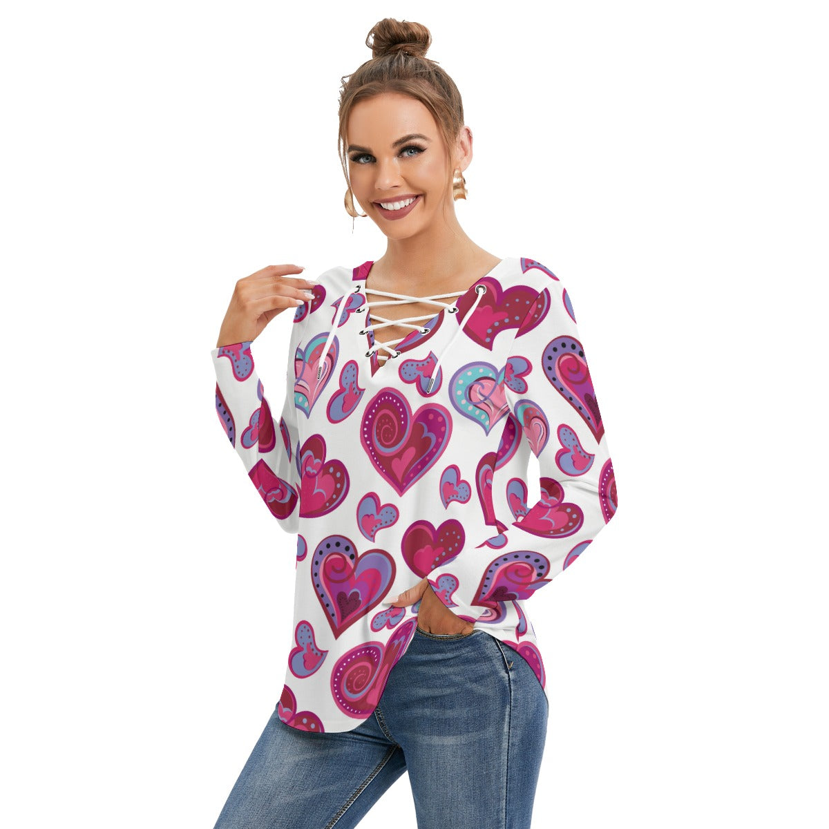 Colorful Doodle Hearts Women's Long Sleeve Neckline Tie Sweatshirt