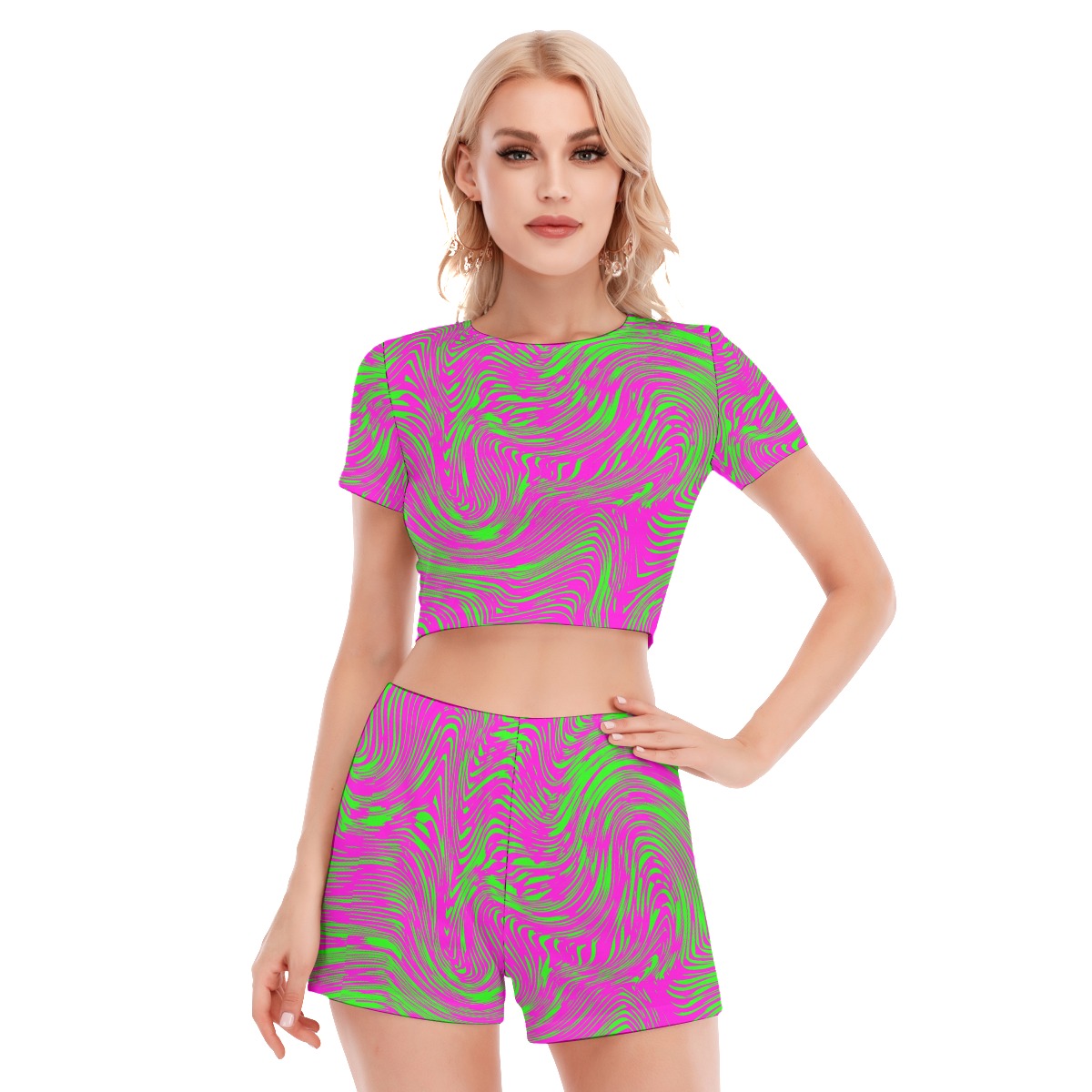 Pink & Green Wavy Baby  Women's Short Sleeve Cropped Top Shorts Suit