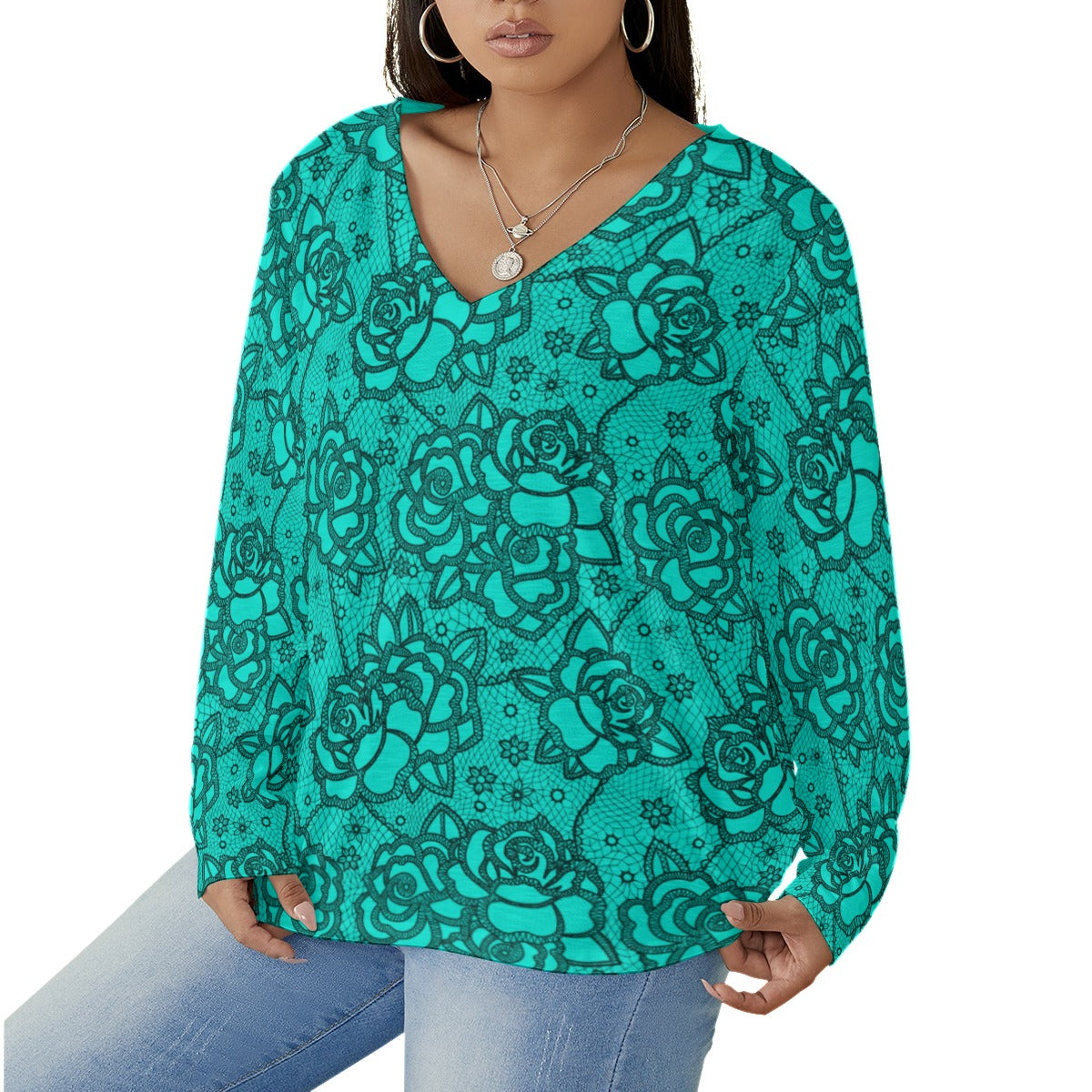 Women's Teal Lace Style Roses V-neck T-shirt With Curved Hem(Plus Size)