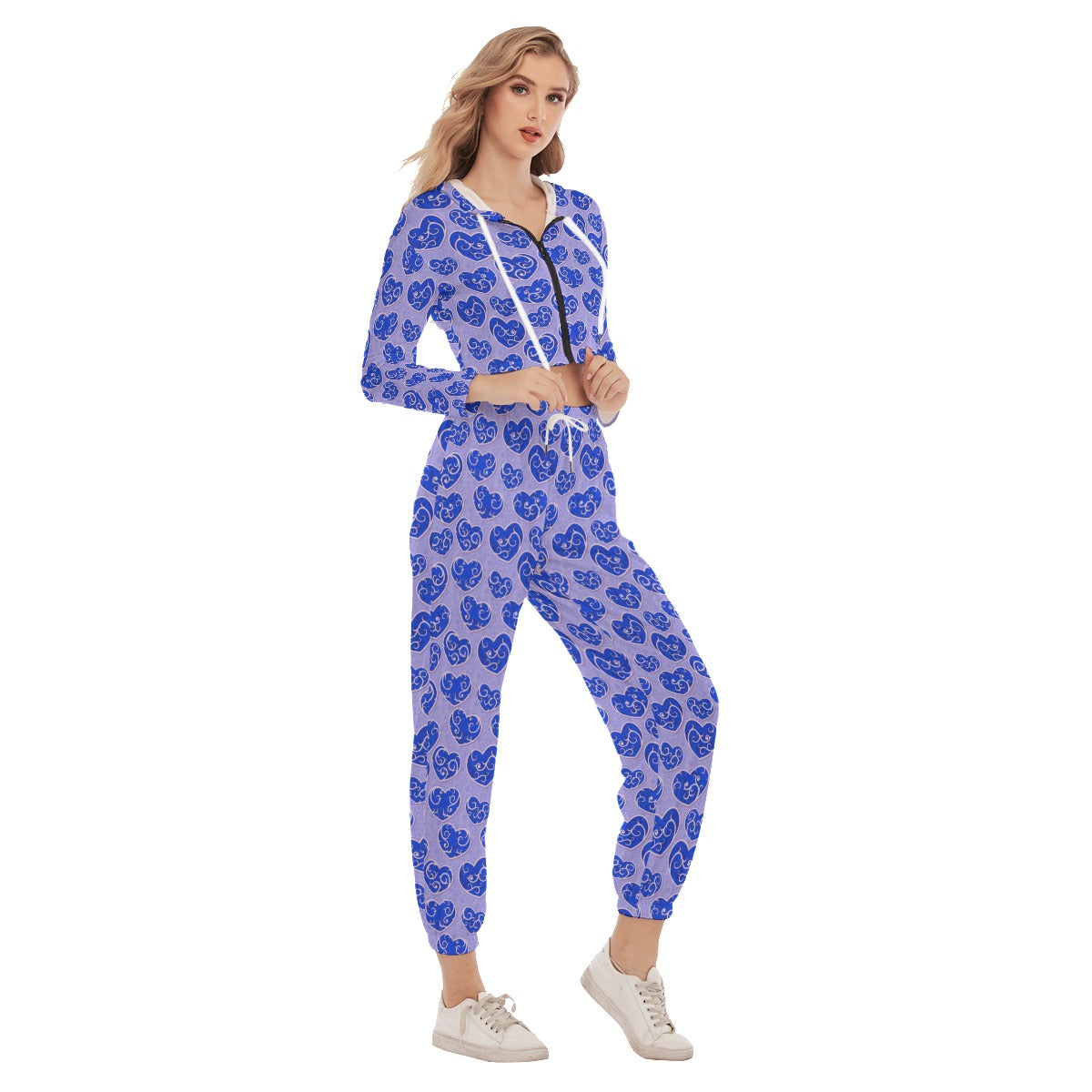 Cute Blue Hearts Women's Crop Hoodie Sports Sets