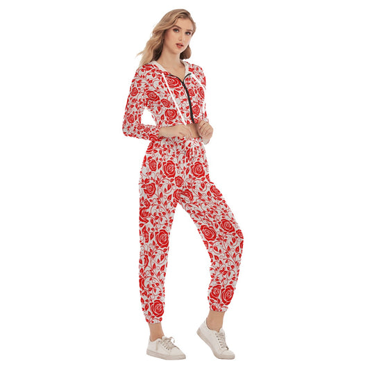 White & Red Roses Women's Crop Hoodie Sports Sets