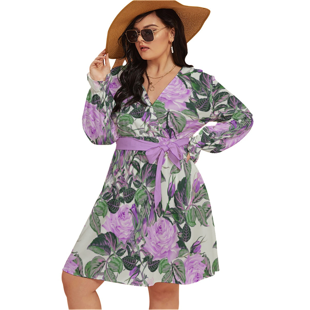 Beautiful Elegant Purple Roses Women's V-neck Dress With Waistband (Plus Size)