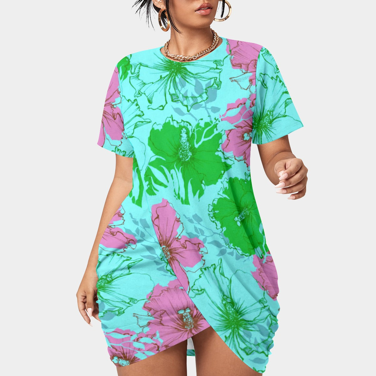 Women’s Tropical Summer Stacked Hem Dress With Short Sleeve（Plus Size)