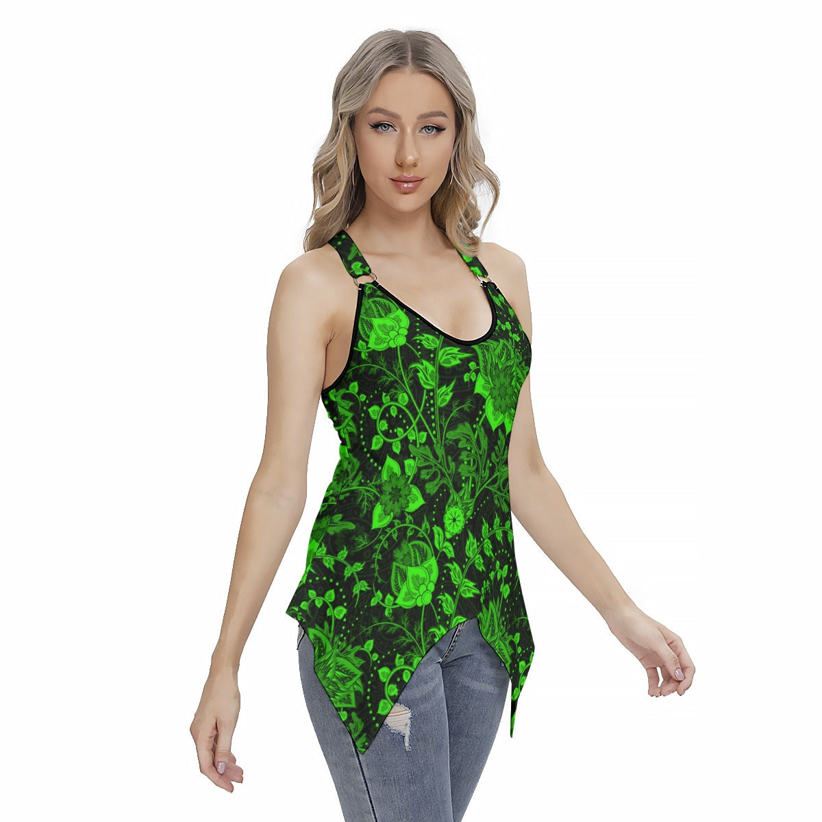 Elegant Black With Green Flowers Women's Skinny Sport Tank Top