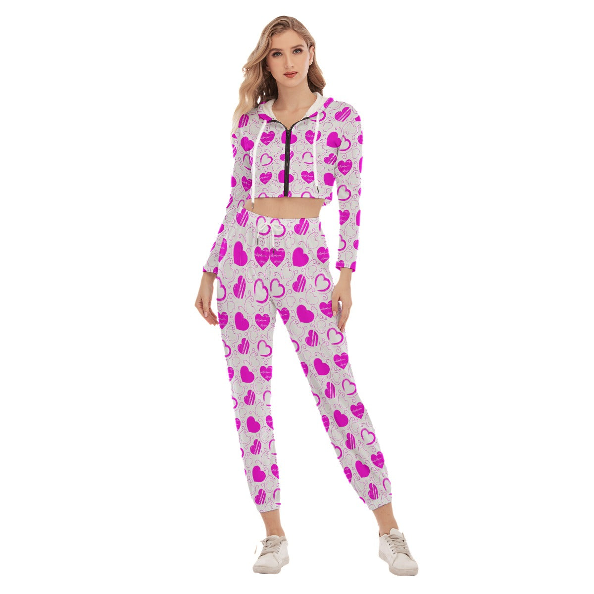 Cute Pink Hearts Women's Crop Hoodie Sports Sets