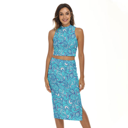 Blue Paisley Pattern Women's Tank Top & Split High Skirt Set