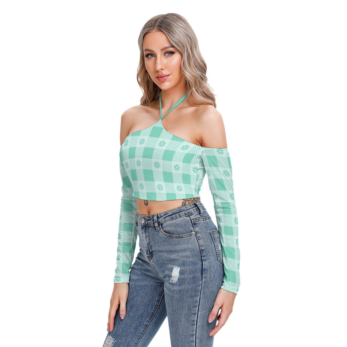 White With Teal Flowers Women's Plaid Halter Lace-up Top