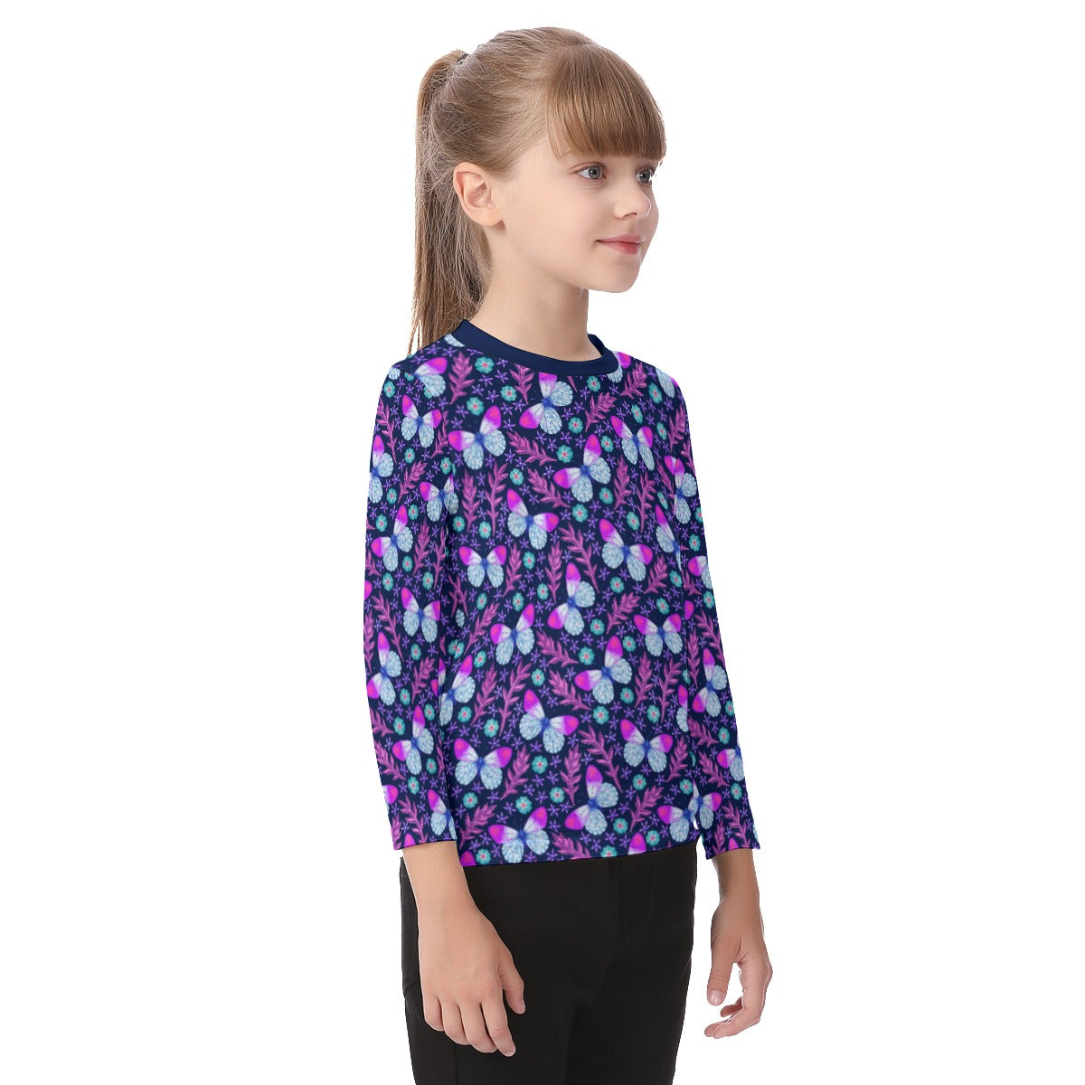 Butterflies and Flowers Girls O-neck Long Sleeve T-shirt