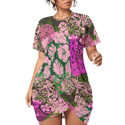 Hawaiian Style Women’s Stacked Hem Dress With Short Sleeve（Plus Size）