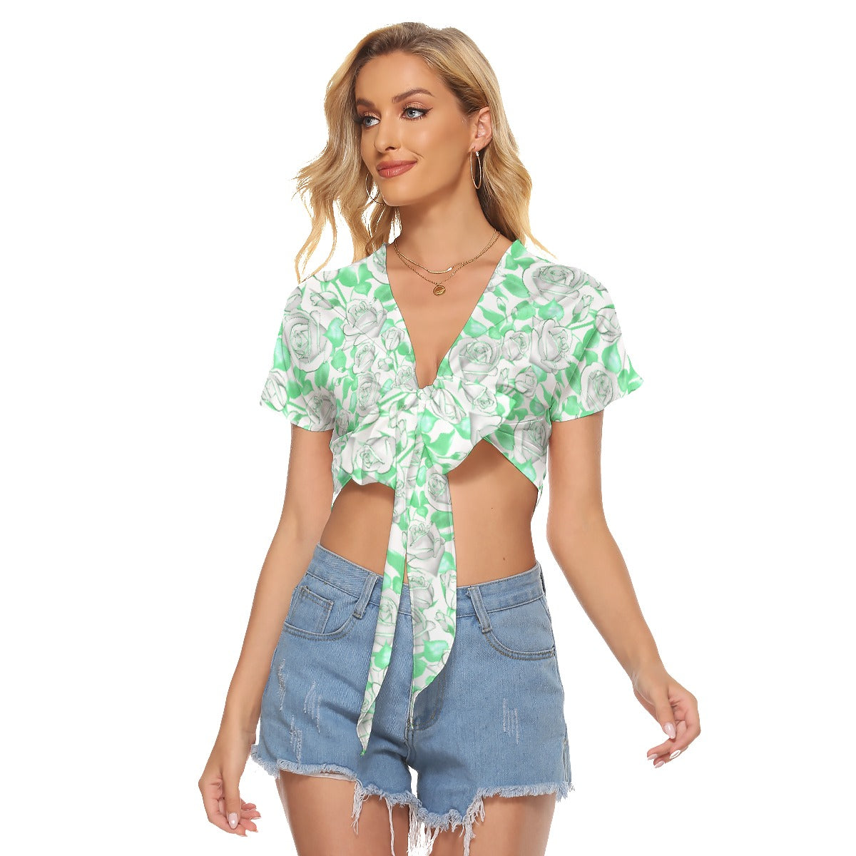 White Roses With Green Leaves Women's Bandage Crop Top