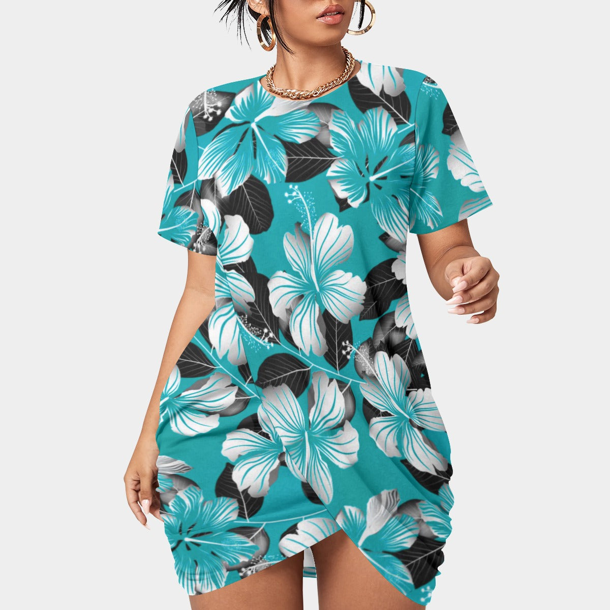 Women’s Tropic Style Stacked Hem Dress With Short Sleeve（Plus Size)