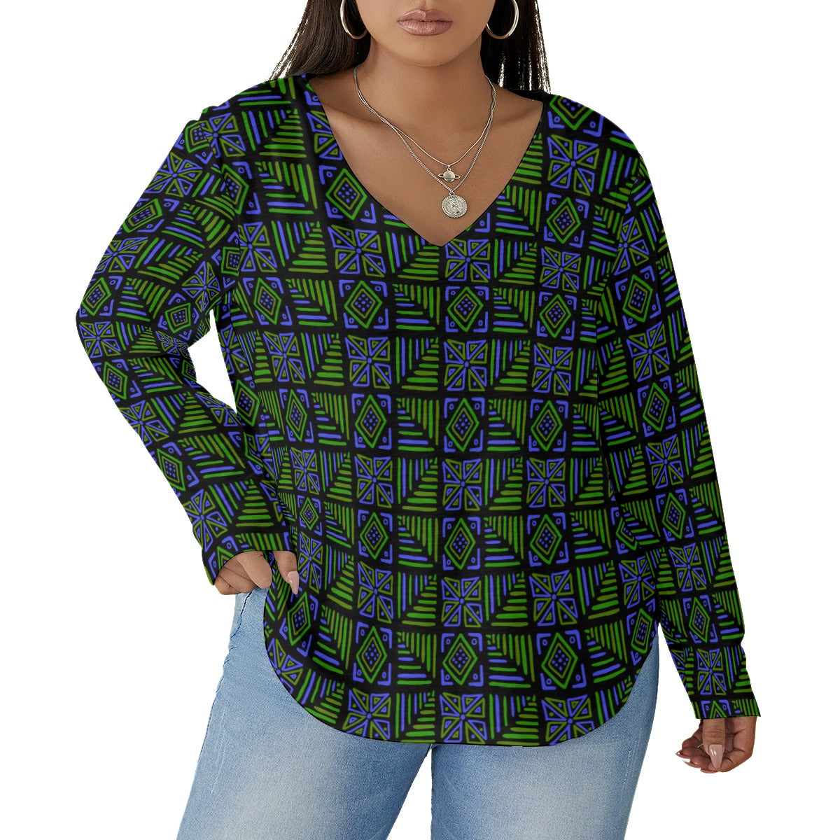 African Vibes Women's V-neck T-shirt With Curved Hem(Plus Size)