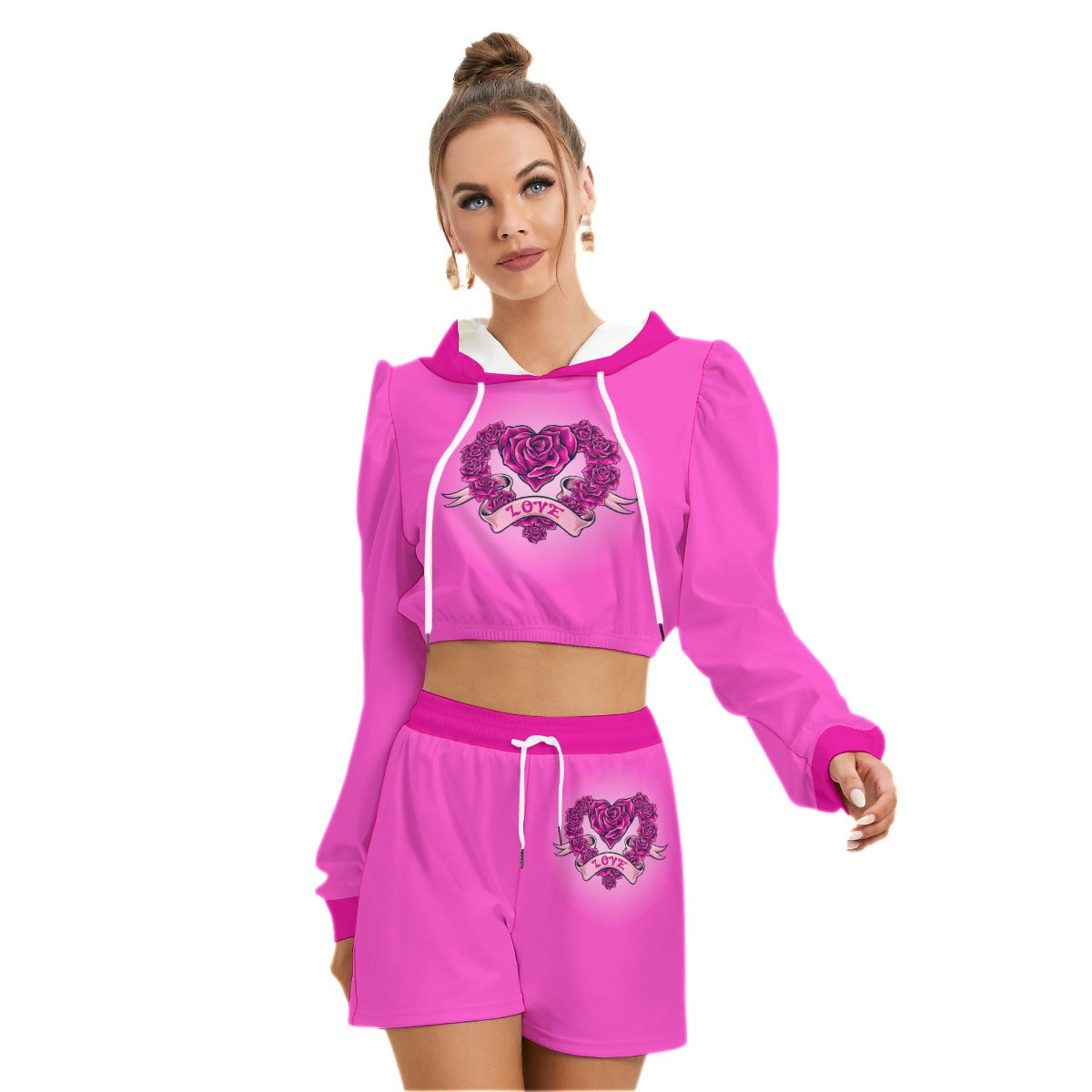 Pink Heart With Roses Women's Mirco Fleece Hoodie And Shorts Set