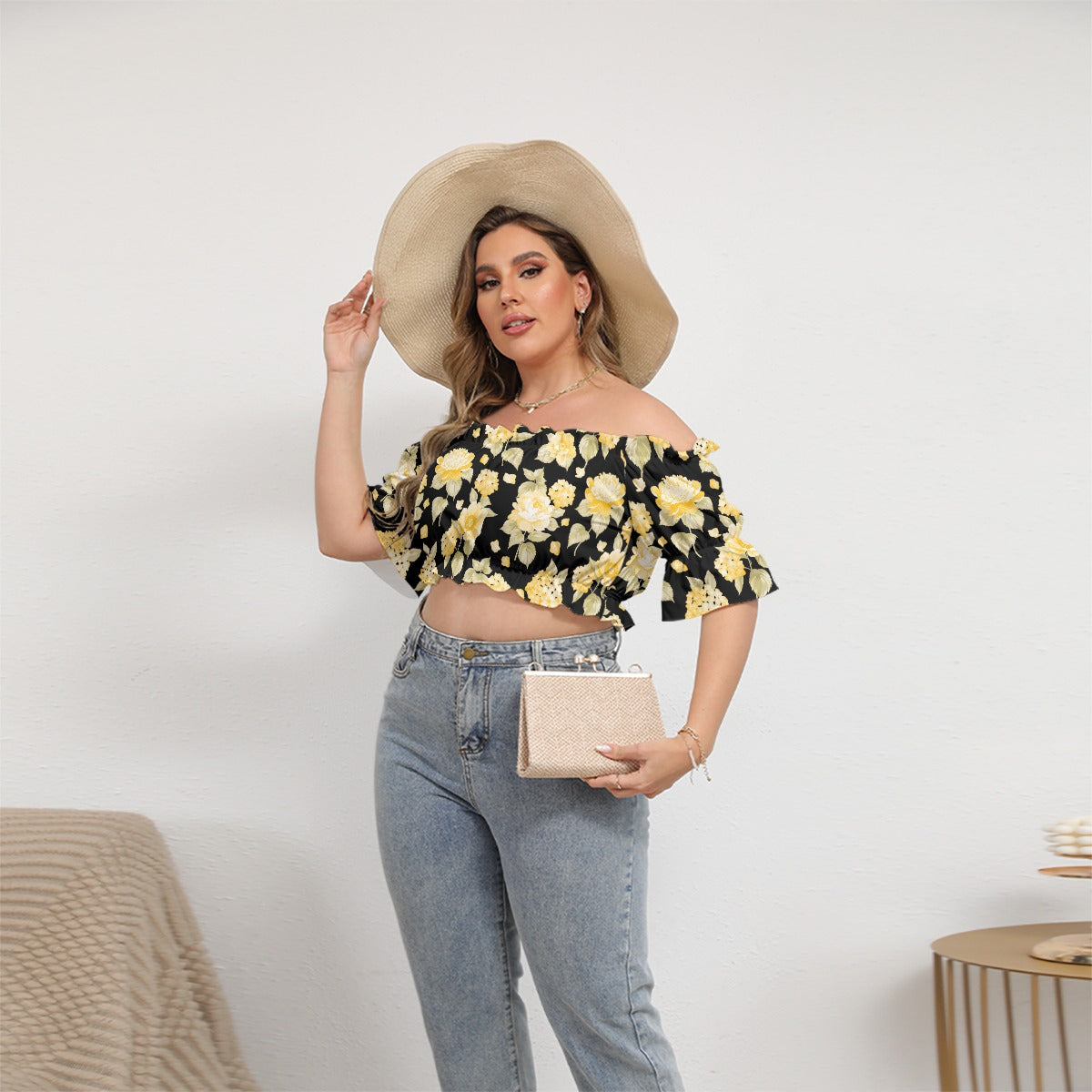 Yellow Flowers Women's Black Off-shoulder Cropped Top With Short Puff Sleeve