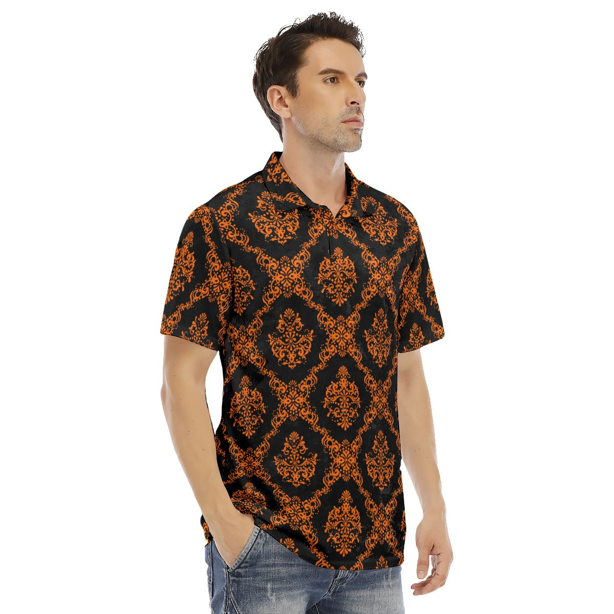 Orange & Black Ethnic Men's Polo Shirt | Velvet