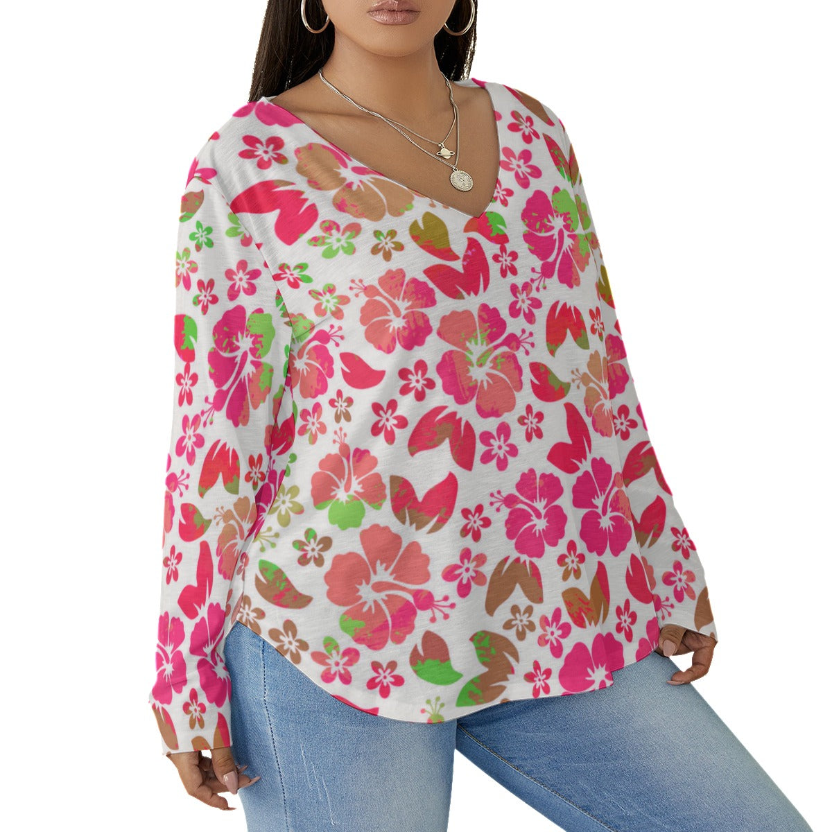 Women's Tropical Hawaiian Hibiscus Flowers V-neck T-shirt With Curved Hem(Plus Size)