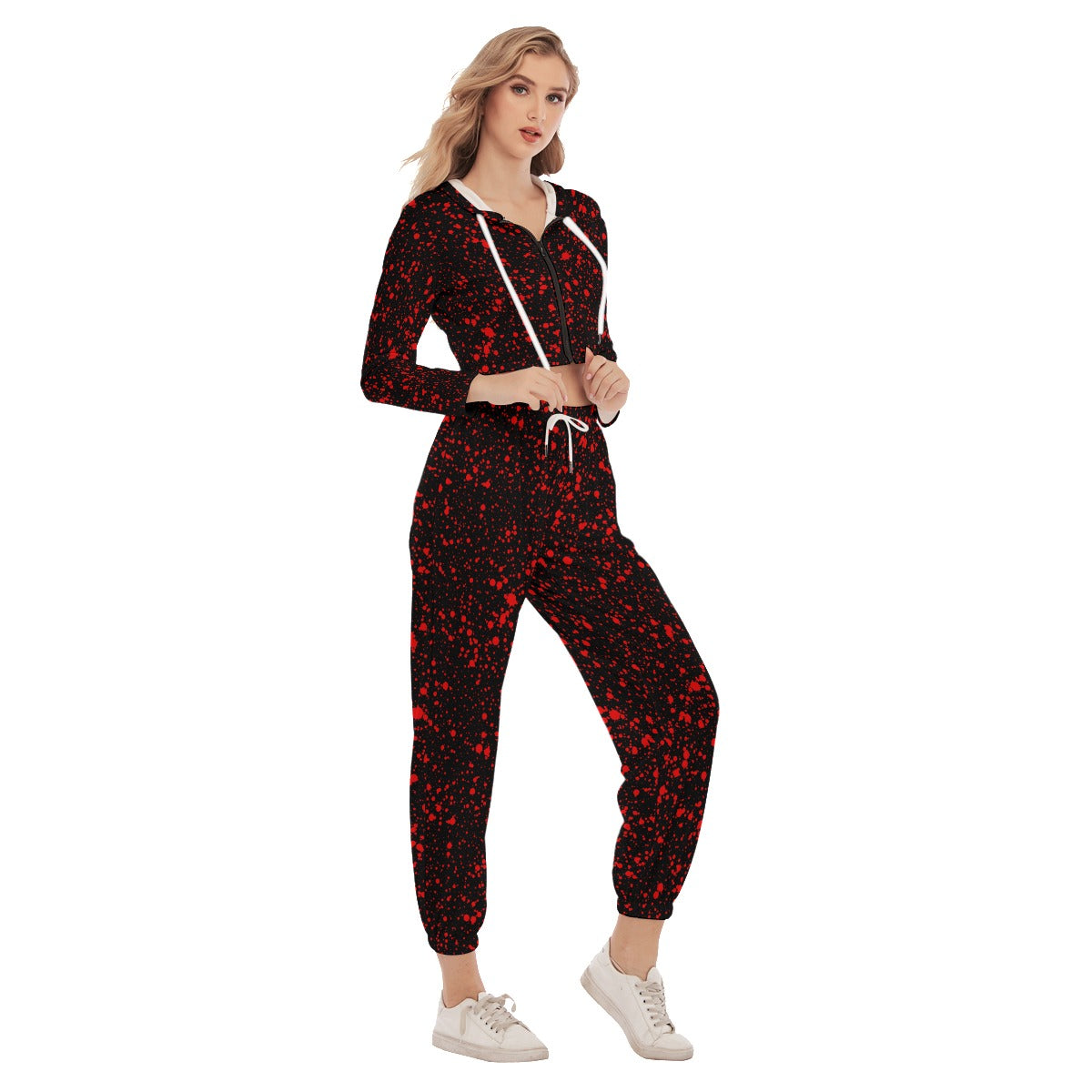 Black With Red Ink Splashes & Blots Women's Crop Hoodie Sports Sets