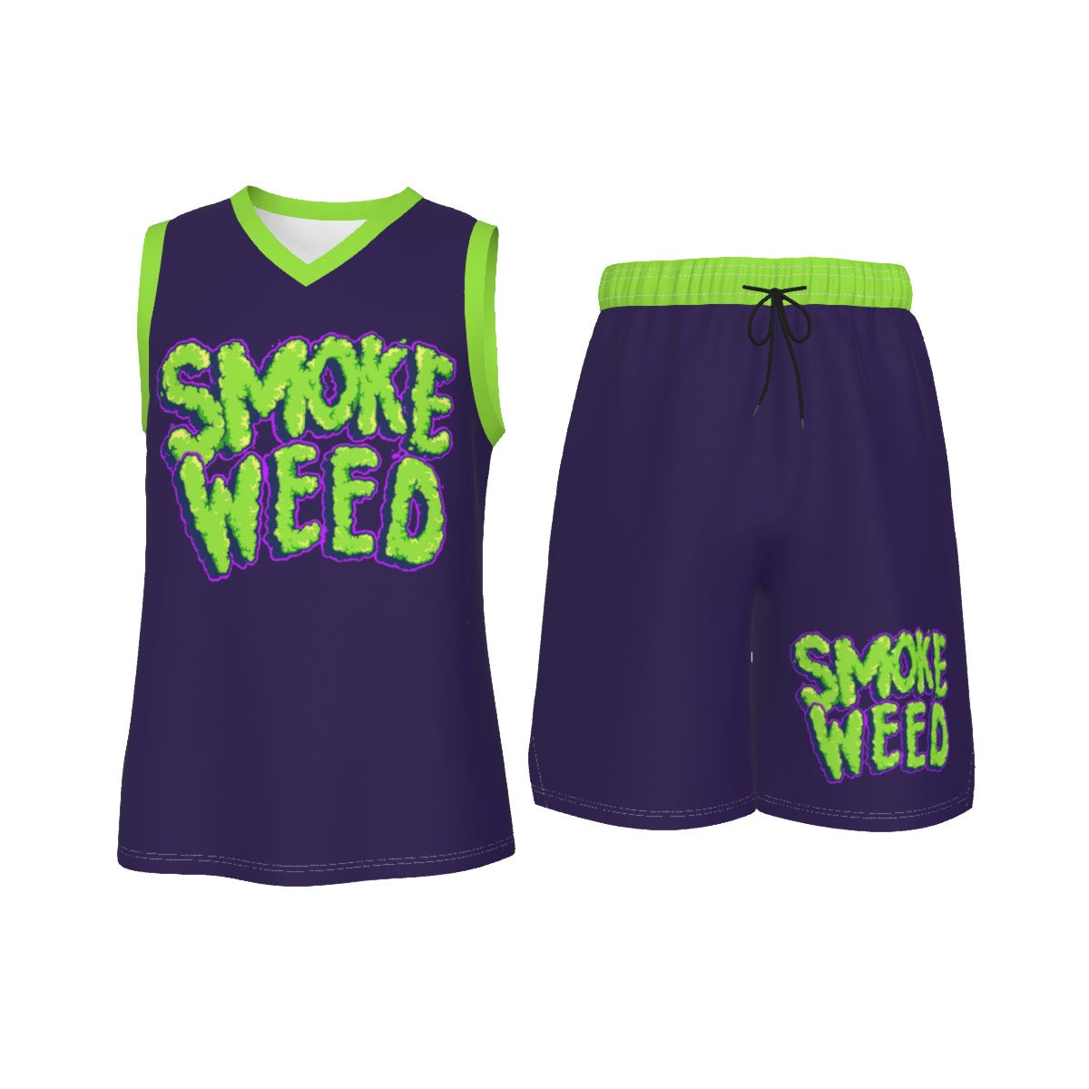 Navy Blue & Green Smoke Weed Stoners Only Men's V Neck Basketball Suit