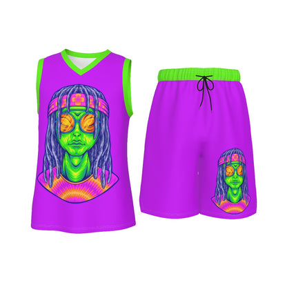 Psychedelic Alien With Dreads Men's V Neck Basketball Suit