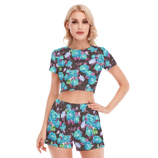 Teal Roses Women's Short Sleeve Cropped Top Shorts Suit