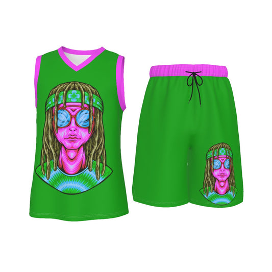 Psychedelic Alien With Dreads Men's V Neck Basketball Suit