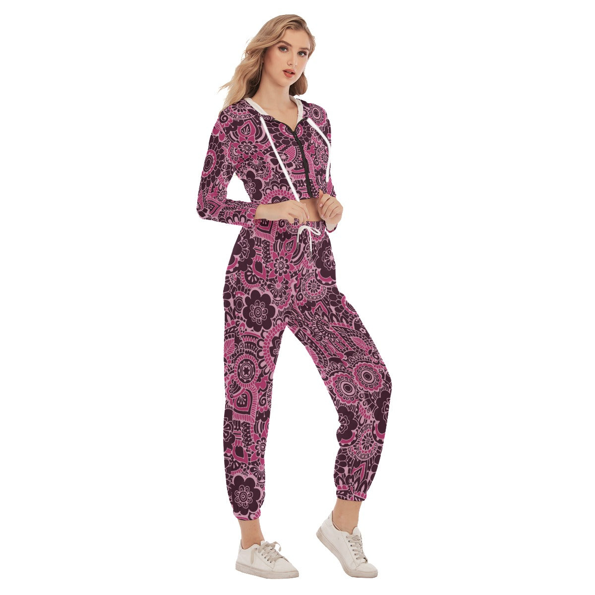 Cute Pink Flower Women's Crop Hoodie Sports Sets