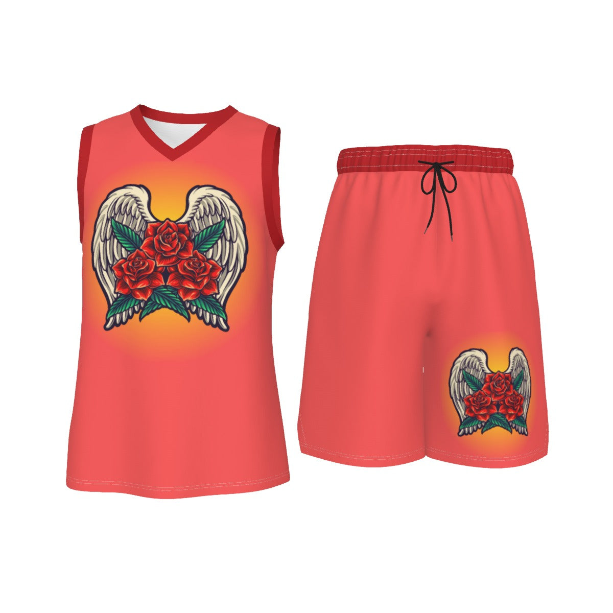 Red Angel Roses Men's V Neck Basketball Suit