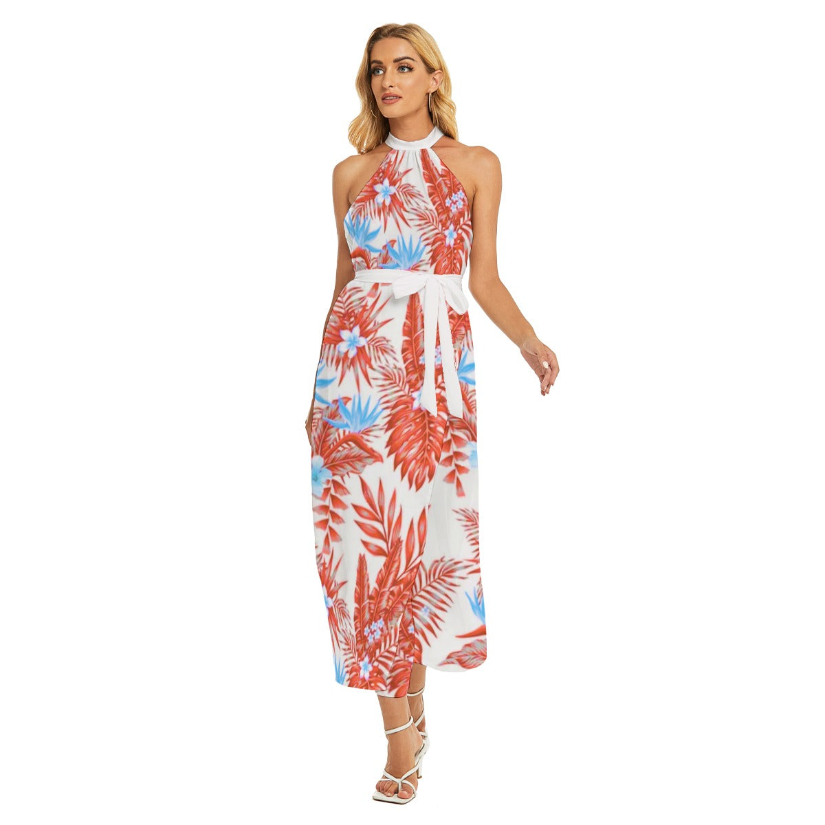 Exotic Flowers Women's Wrap Hem Belted Halter Dress