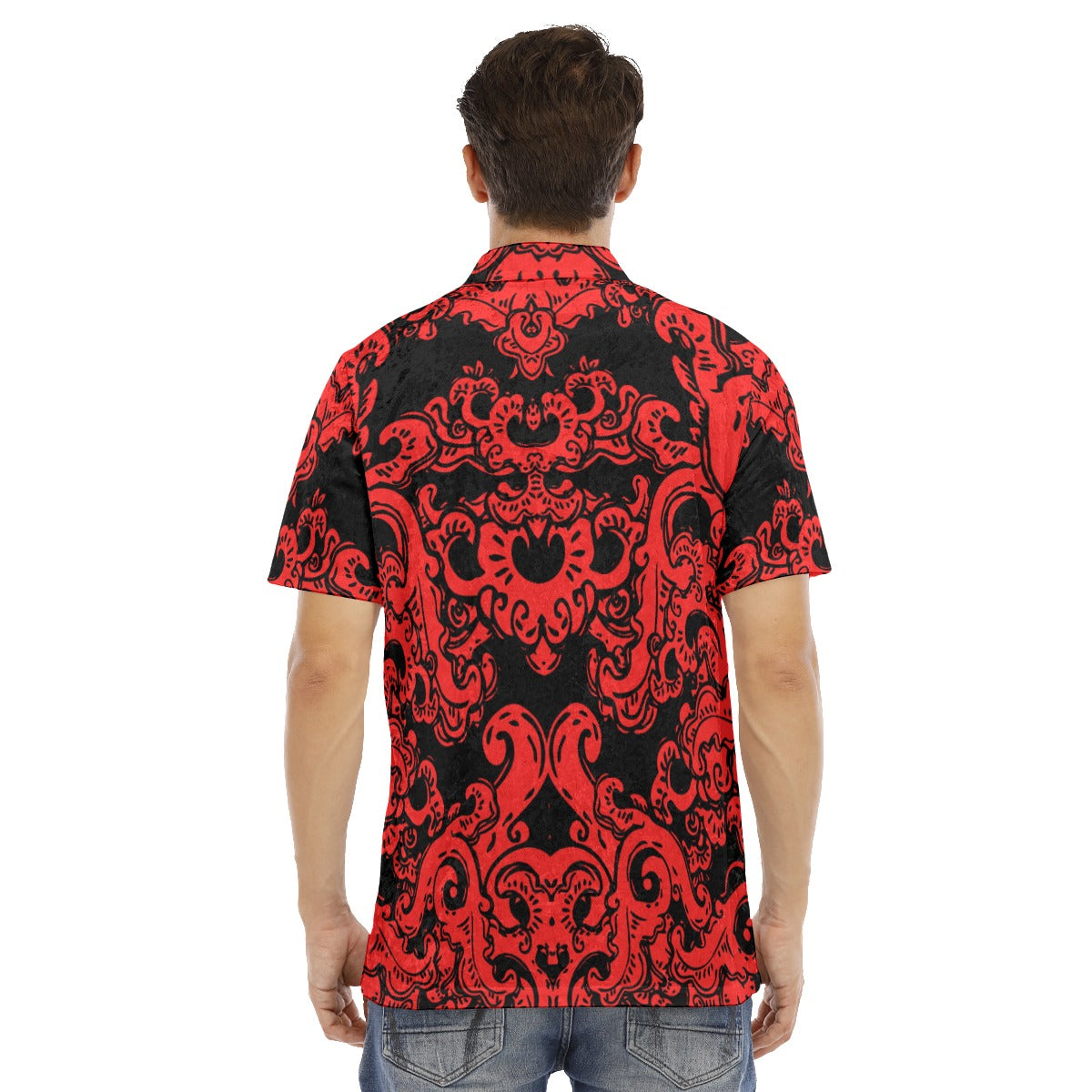 Red & Black Baroque Pattern Men's Polo Shirt | Velvet