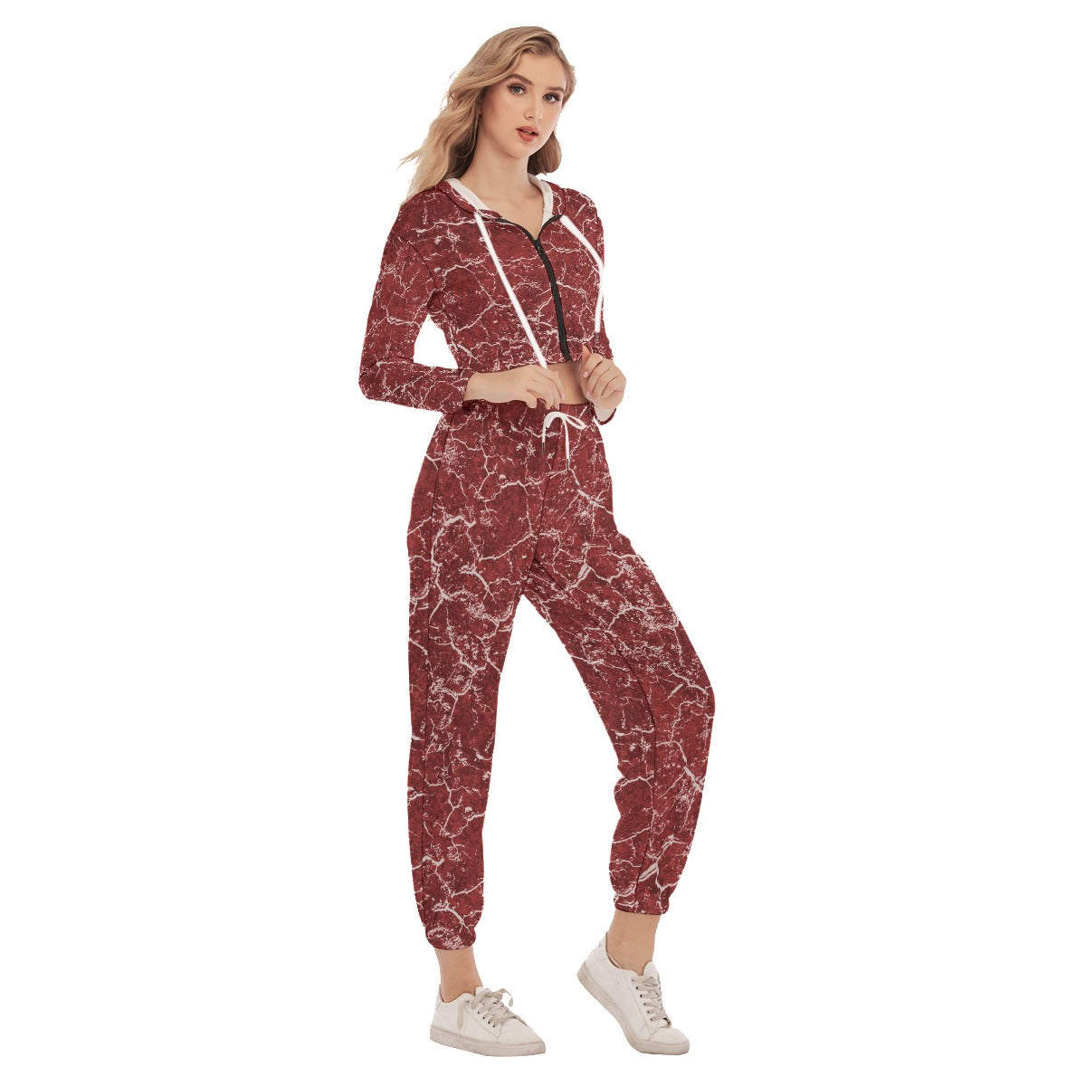 Red Grunge Women's Crop Hoodie Sports Sets