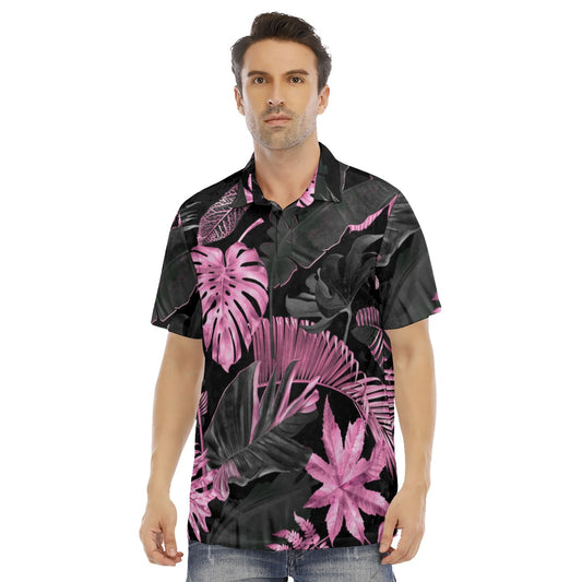 Pink & Black Tropical Leaves Men's Polo Shirt | Velvet