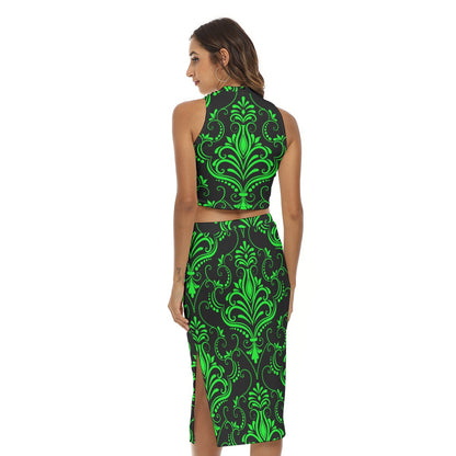 Green With Black Vintage Flowers Women's Tank Top & Split High Skirt Set