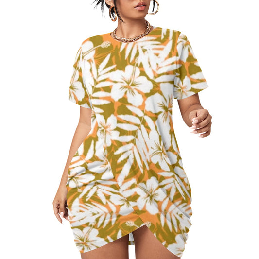 Orange Tropical Flowers Women’s Stacked Hem Dress With Short Sleeve （Plus Size）