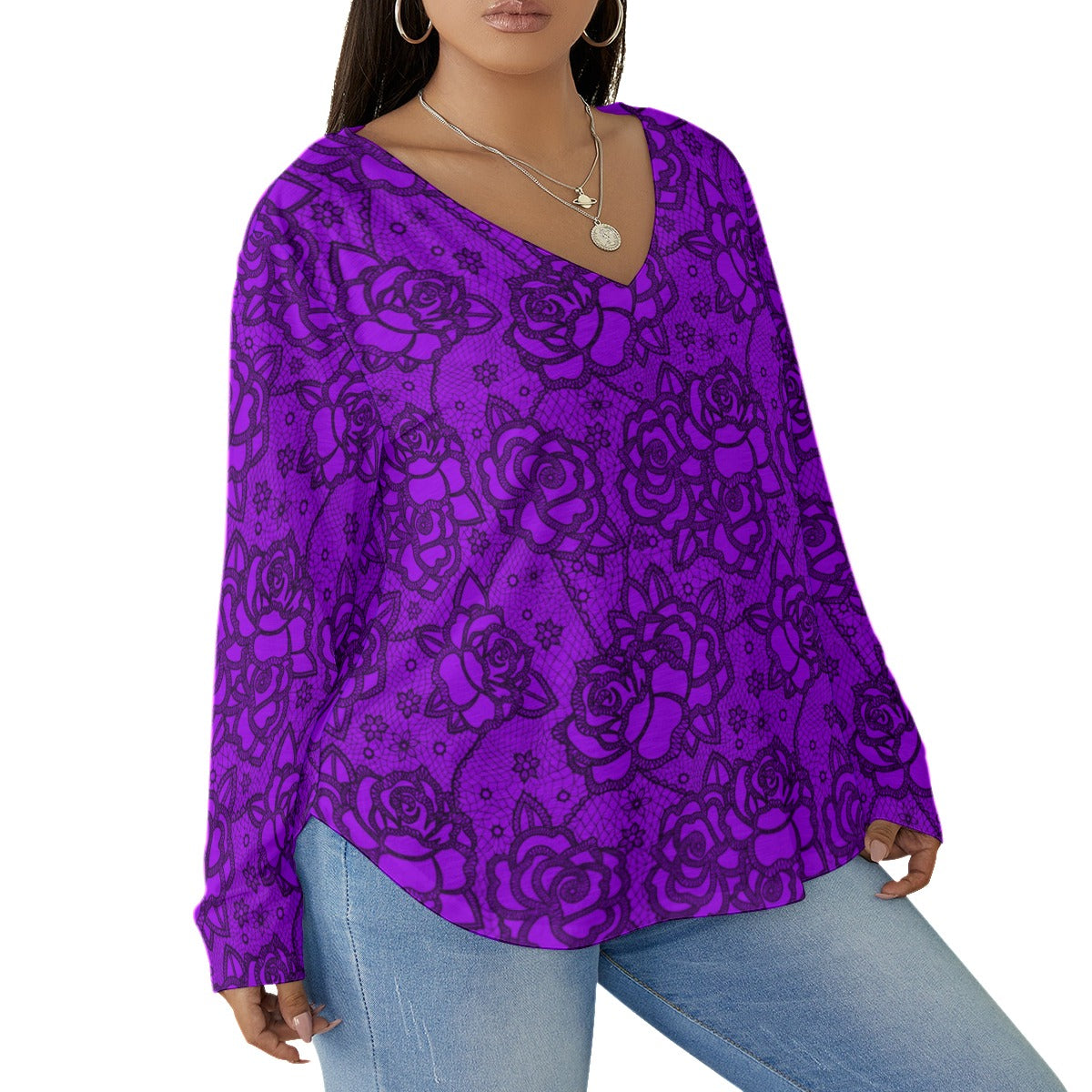 Women's Purple Lace Style Roses V-neck T-shirt With Curved Hem(Plus Size)