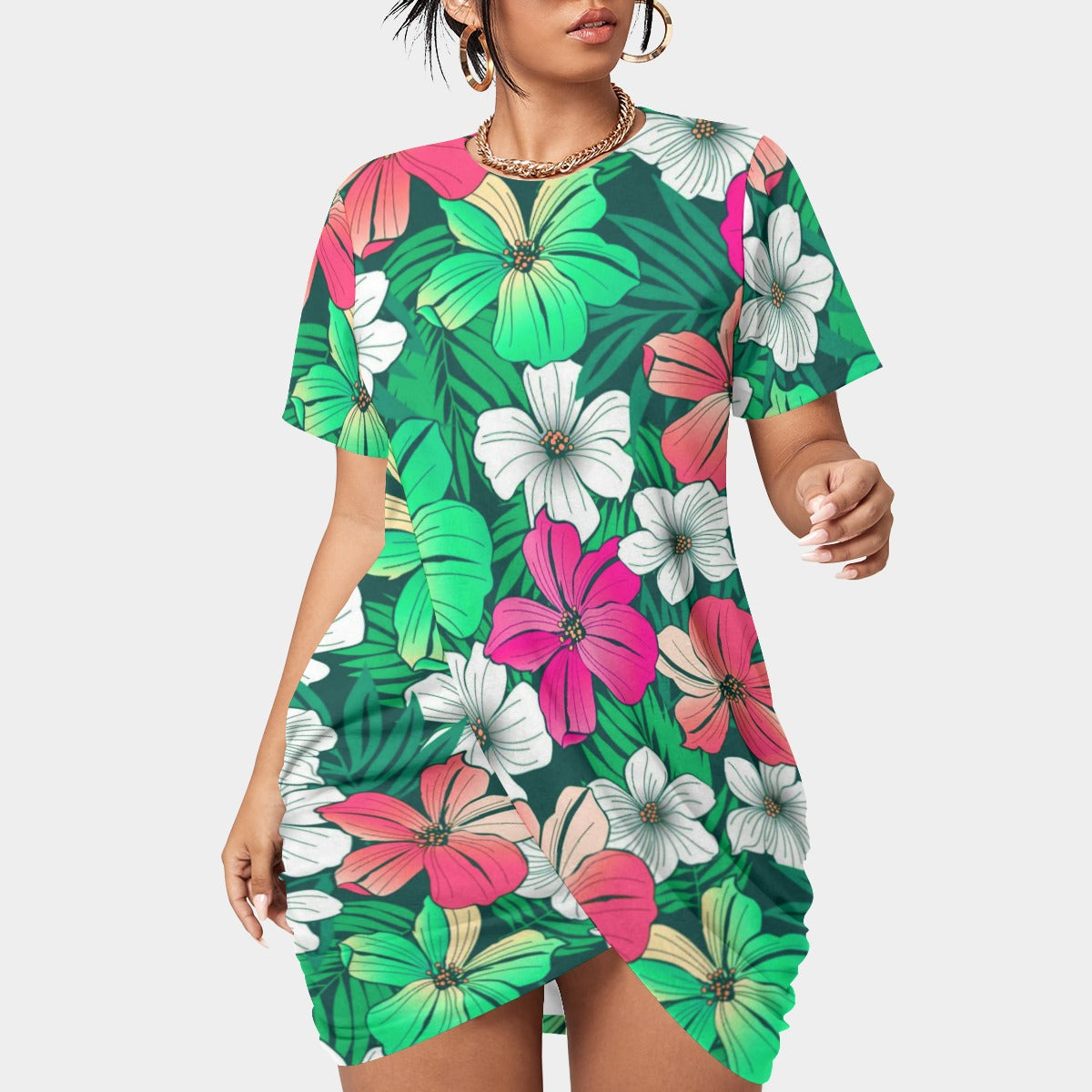 Women’s Tropical Summer Stacked Hem Dress With Short Sleeve（Plus Size)