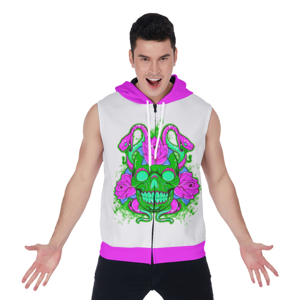 Sugar Skull With Snakes & Roses Men's Zipper-Up Sleeveless Hoodie