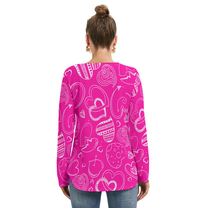 Pink With White Doodle Hearts Women's Long Sleeve Neckline Tie Sweatshirt