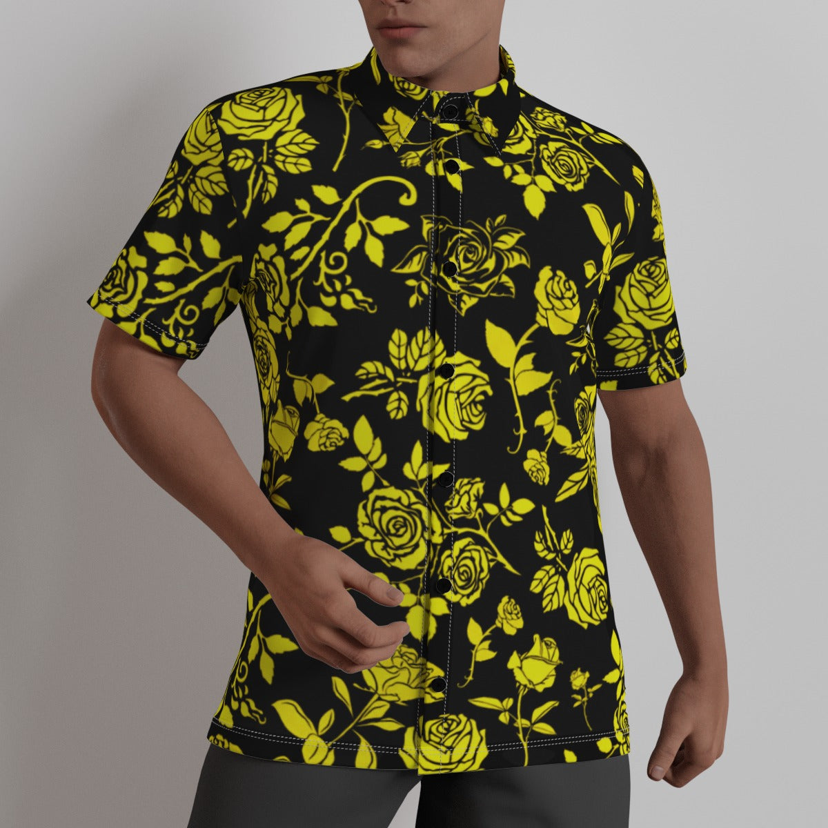 Yellow & Black Roses Men's Button Up