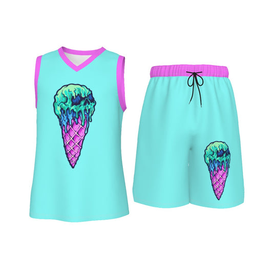 Creepy Skull Ice Cream Cone Men's V Neck Basketball Suit