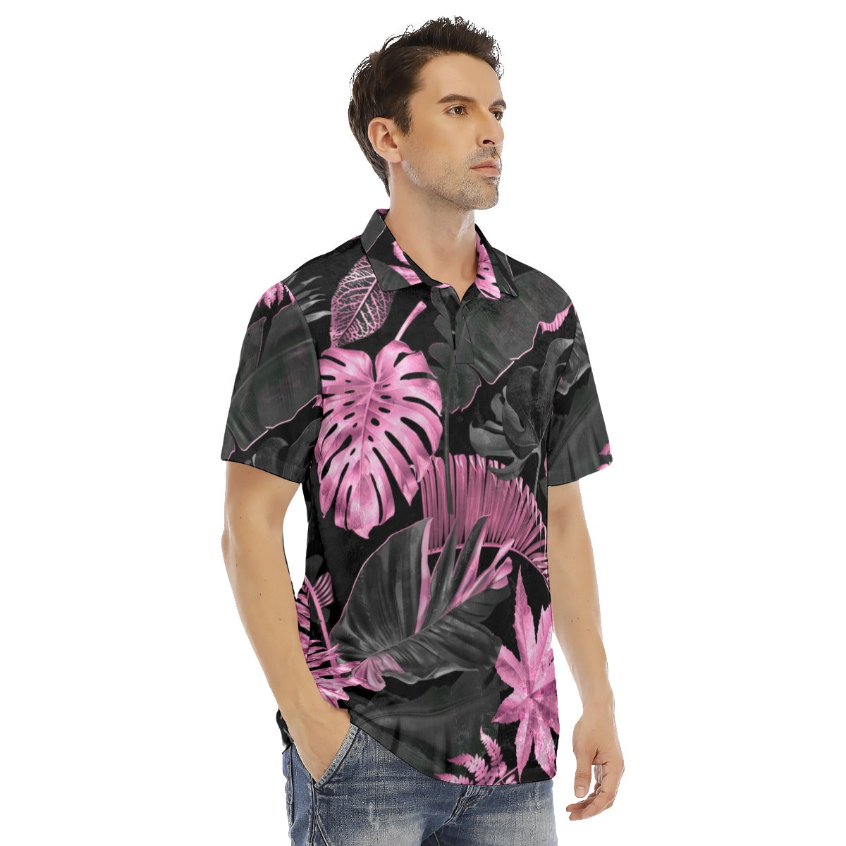 Pink & Black Tropical Leaves Men's Polo Shirt | Velvet