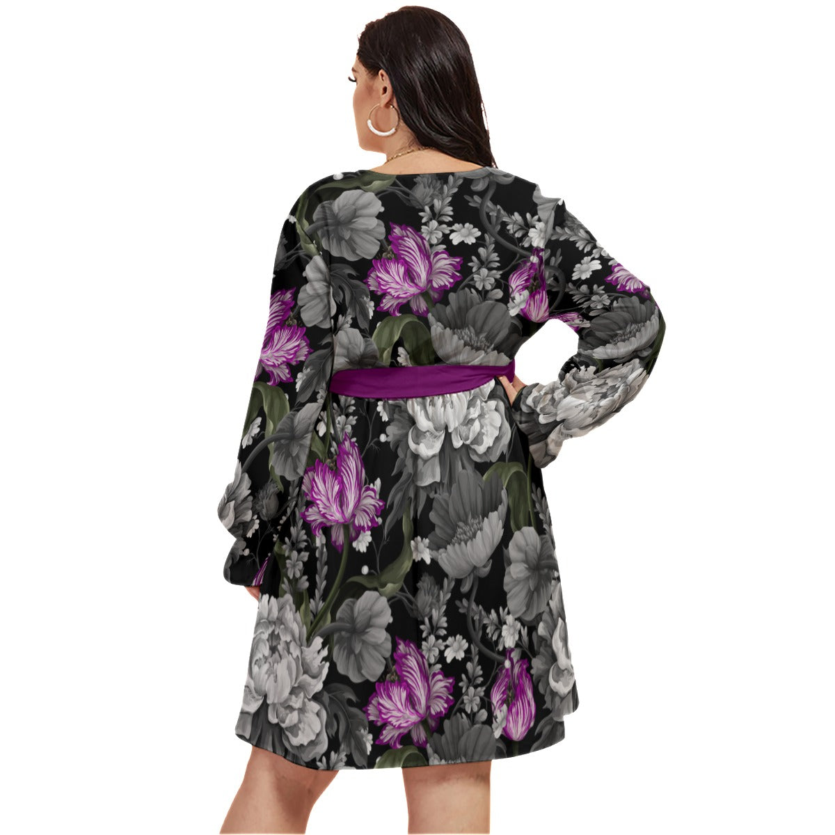 Purple Vintage Tulips & Peonies Women's V-neck Dress With Waistband  (Plus Size)