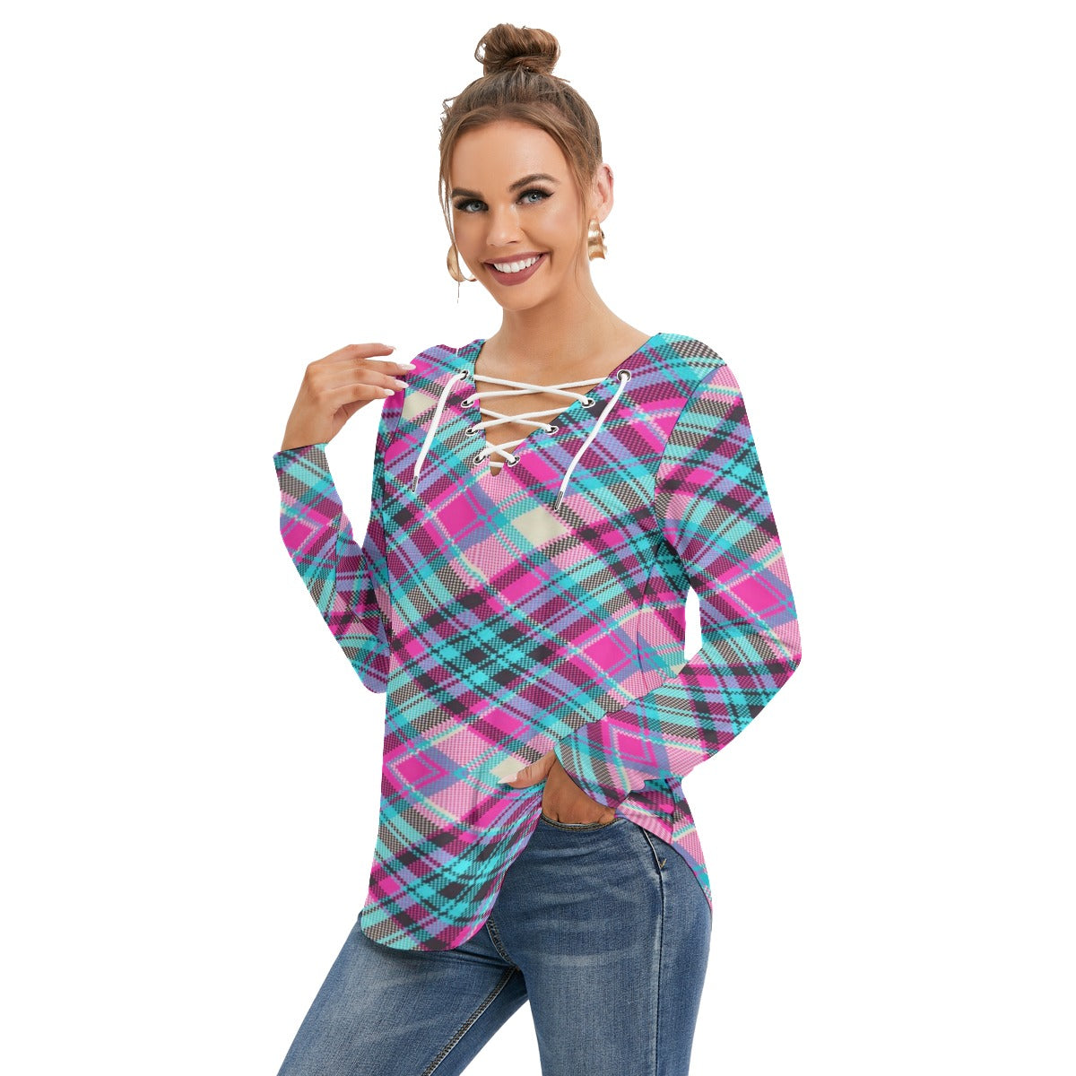 Women's Long Sleeve Colorful Plaid Neckline Tie Sweatshirt