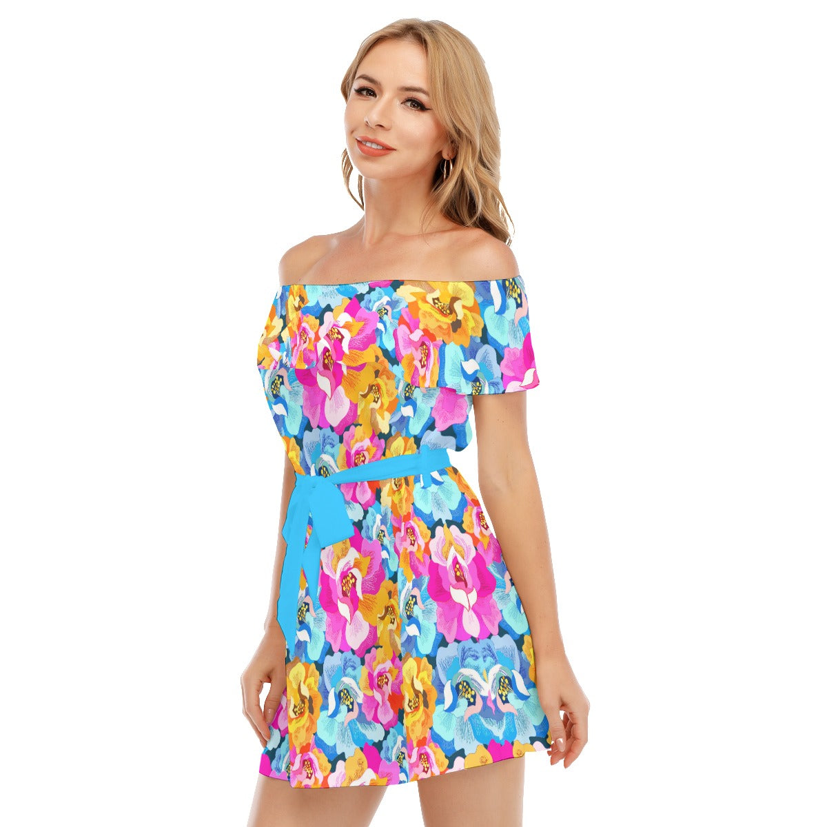 Summer Time Flowers Women's Off-shoulder Dress With Ruffle