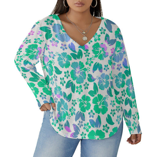 Women's Tropical Hawaiian Hibiscus Flowers V-neck T-shirt With Curved Hem(Plus Size)