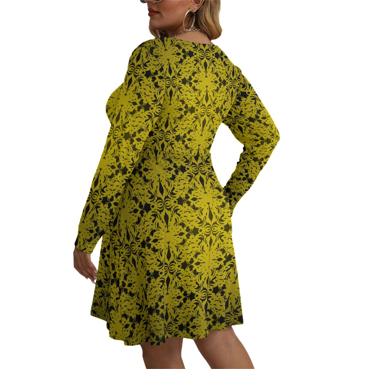 Royalty Made Yellow & Black Women's V-neck Long Sleeve Dress (Plus Size)