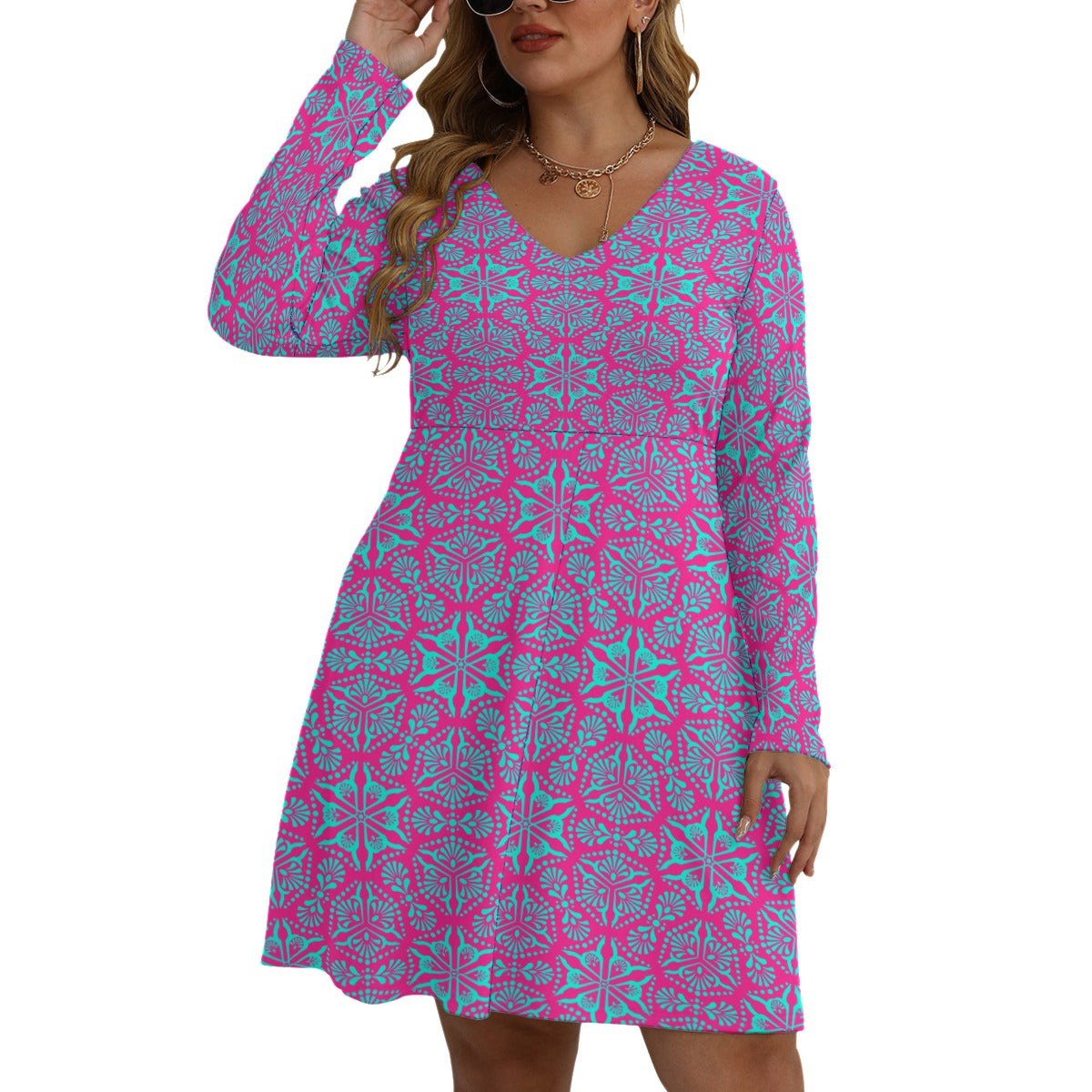 Royalty Made Pink & Teal Women's V-neck Long Sleeve Dress (Plus Size)