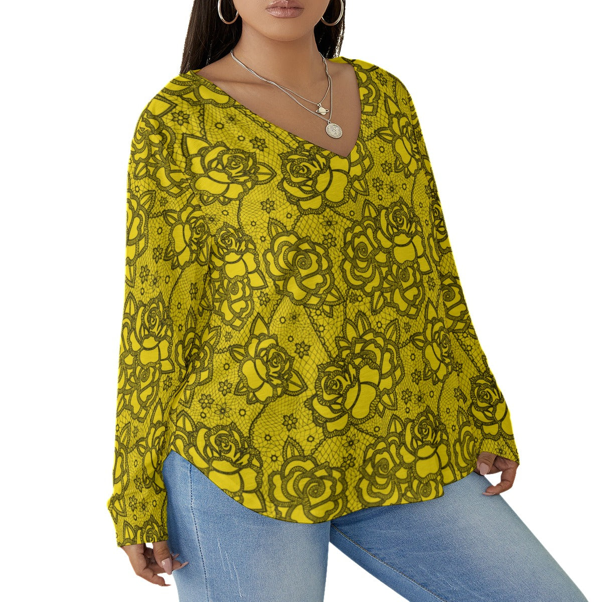 Women's Yellow Lace Style Roses V-neck T-shirt With Curved Hem(Plus Size)