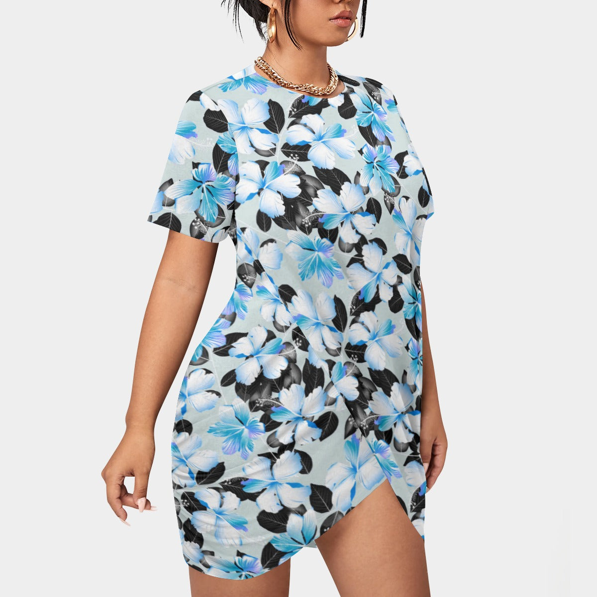 Women’s Tropic Style Stacked Hem Dress With Short Sleeve（Plus Size)