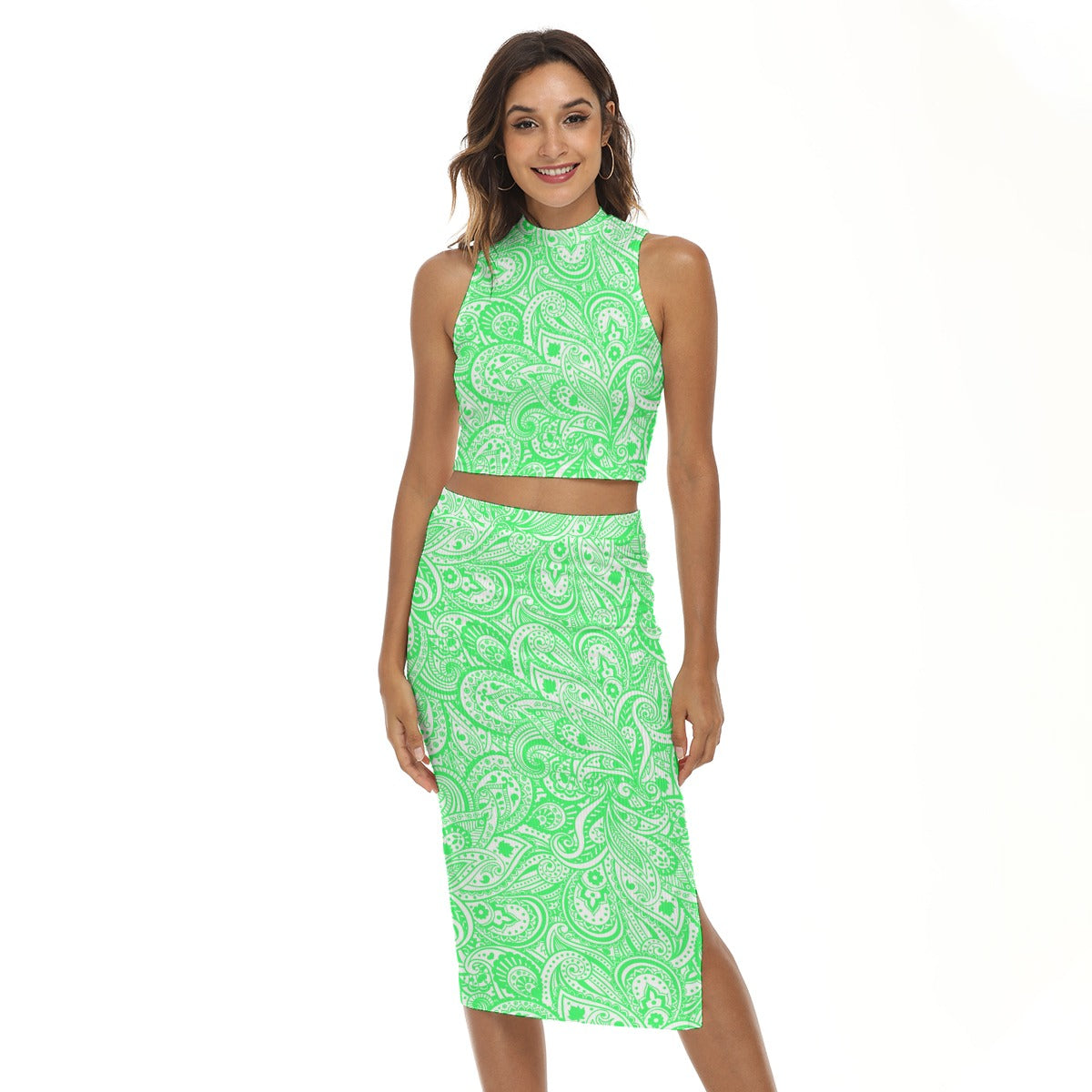 Lime Green Paisley Pattern Women's Tank Top & Split High Skirt Set